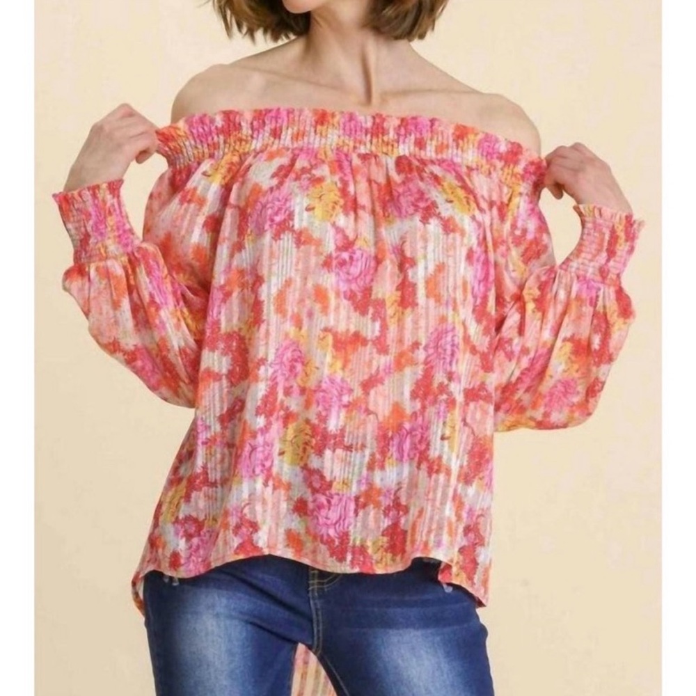 NWT Umgee Pink Metallic Floral Off The Shoulder Top Large